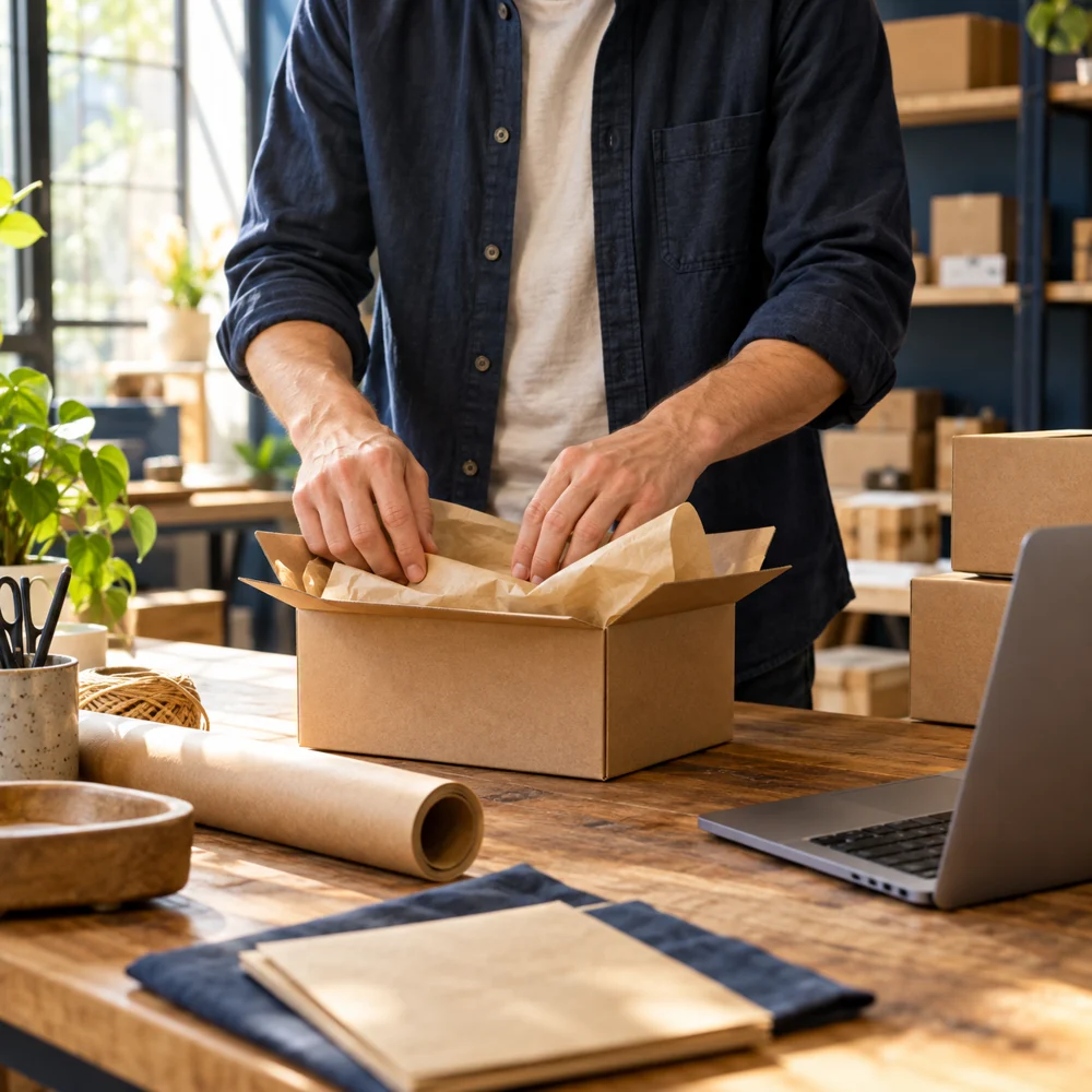 Hands preparing a customer order in an independent business workspace.