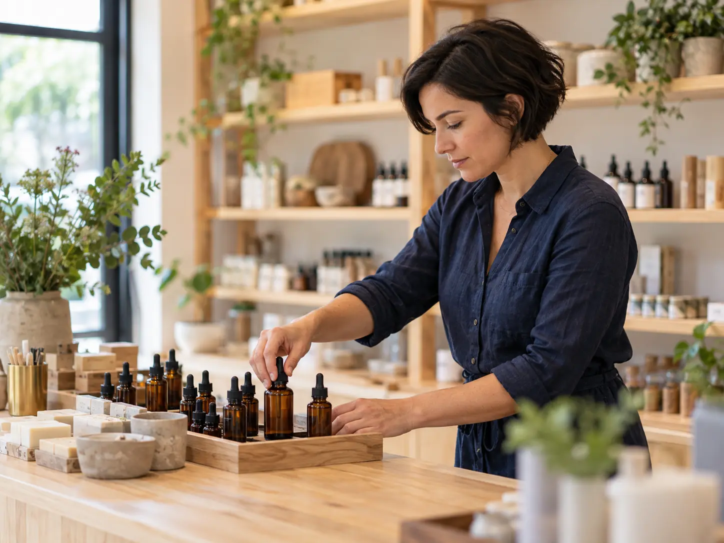 Illustrative scene of a wellness shop owner arranging amber bottles.