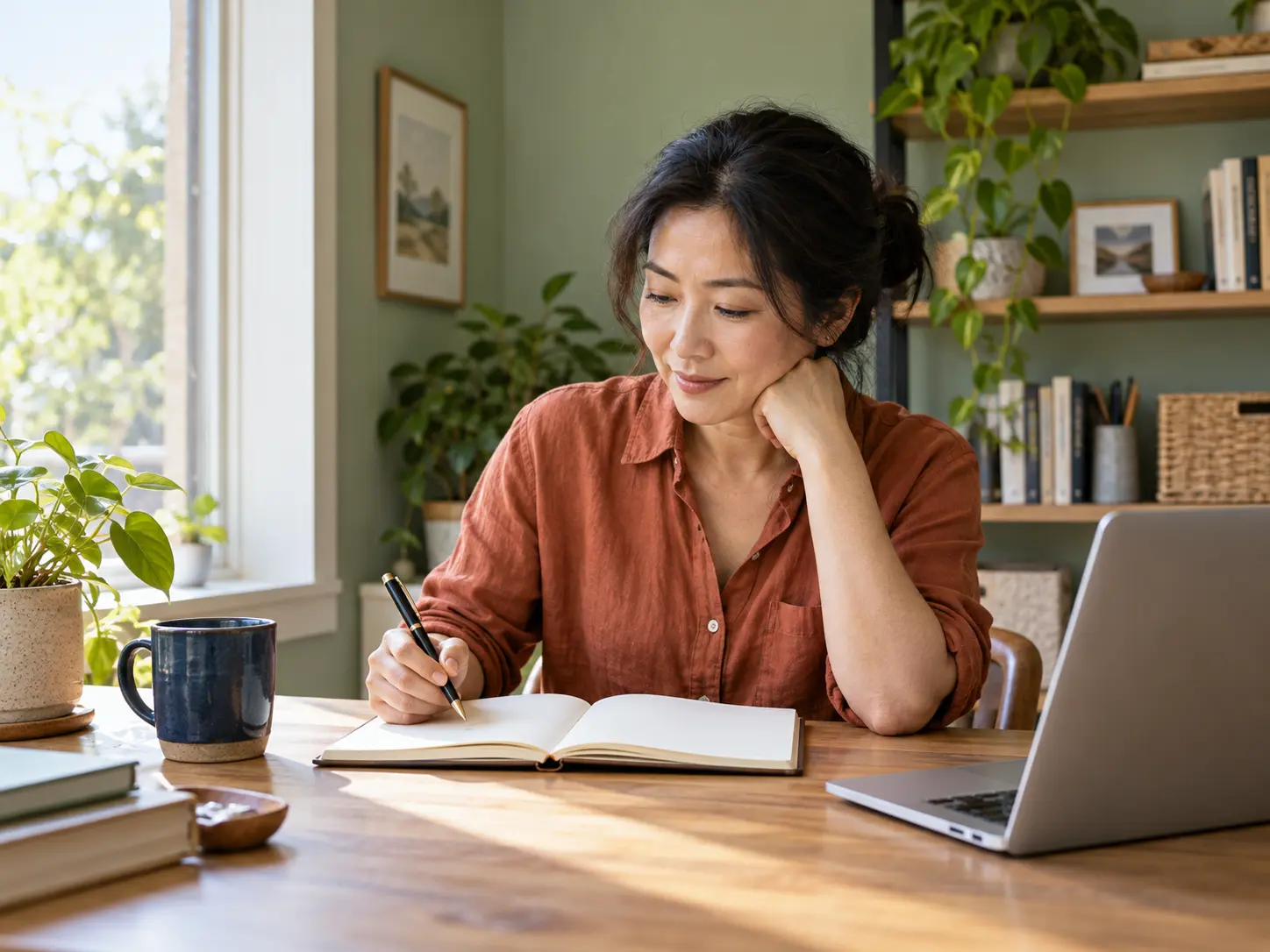 Illustrative scene of a business owner preparing questions in a notebook.