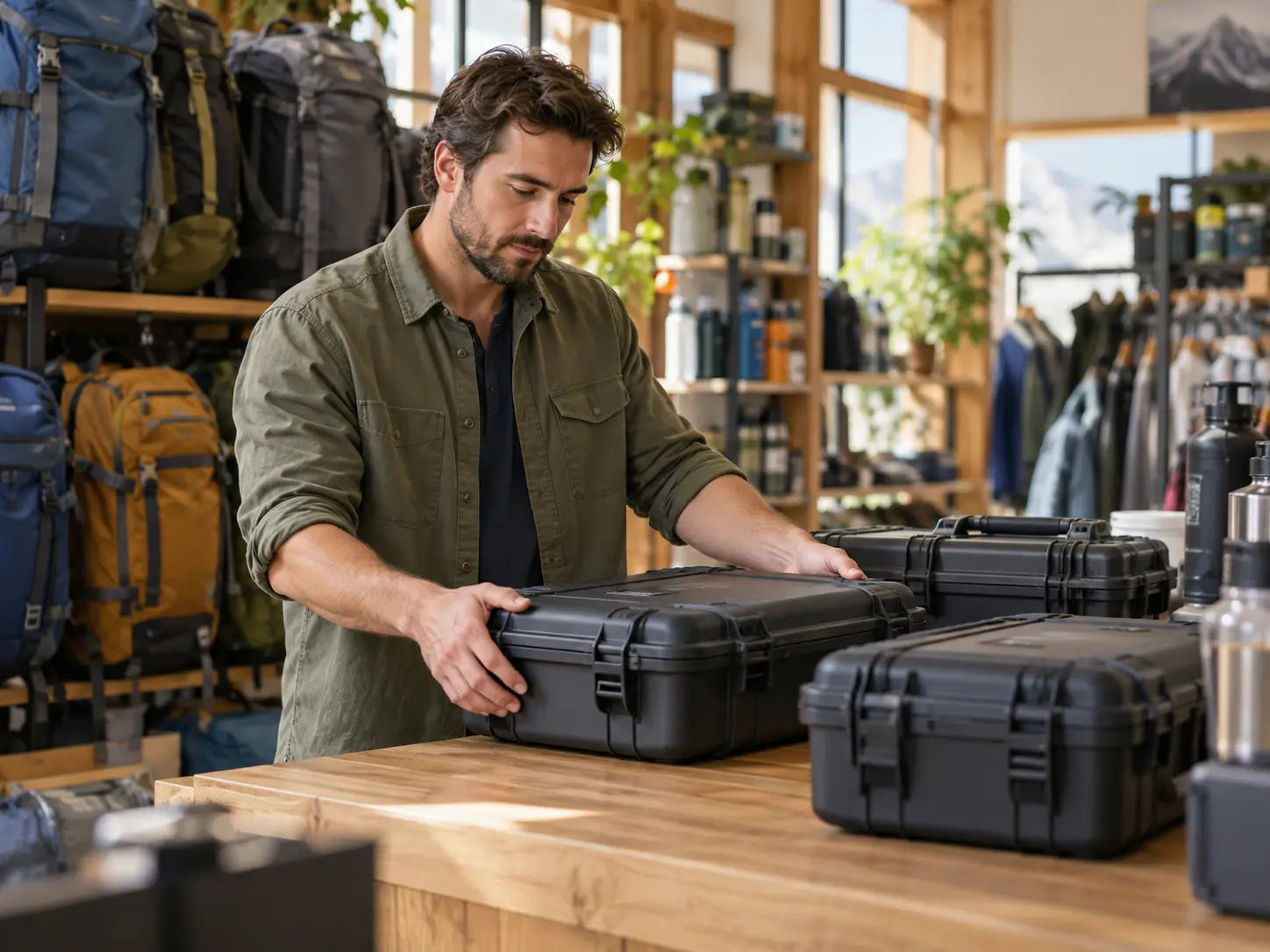 Illustrative scene of an outdoor retailer organizing protective equipment cases.