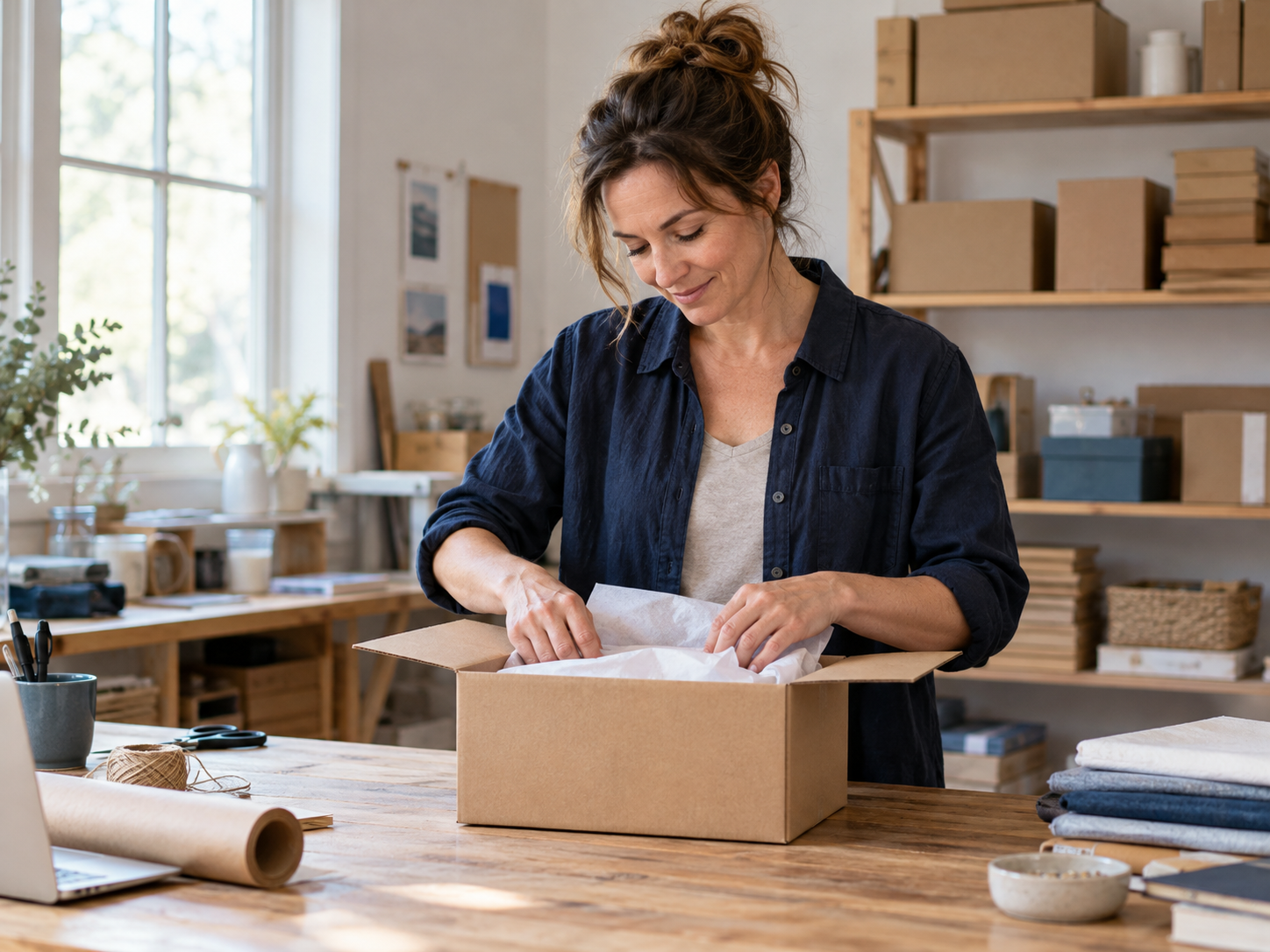 Illustrative scene of a business owner packing an order in her workspace.