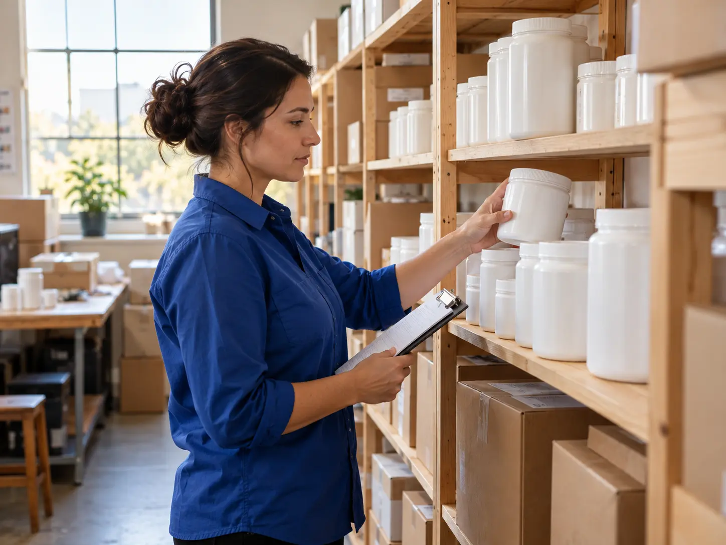 Illustrative scene of a business owner checking supplement inventory.